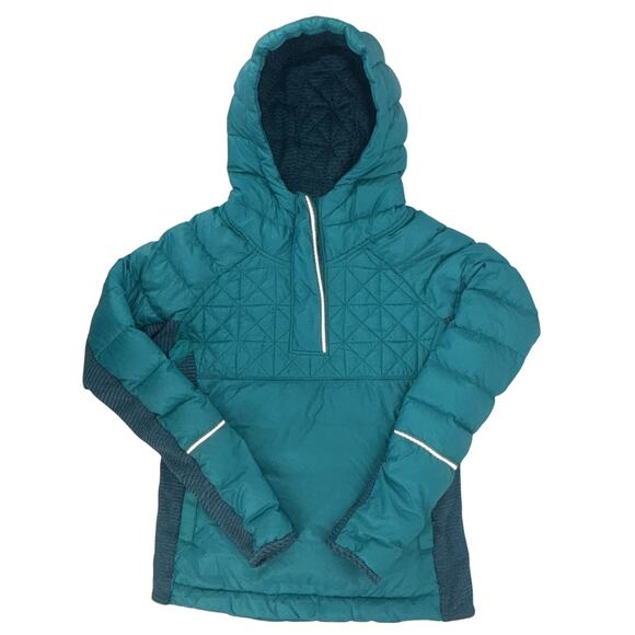 Girl's Ivivva by Lululemon Down Jacket Hoodie Size 14 Green Pullover 1/4 Zip EUC - Picture 1 of 11